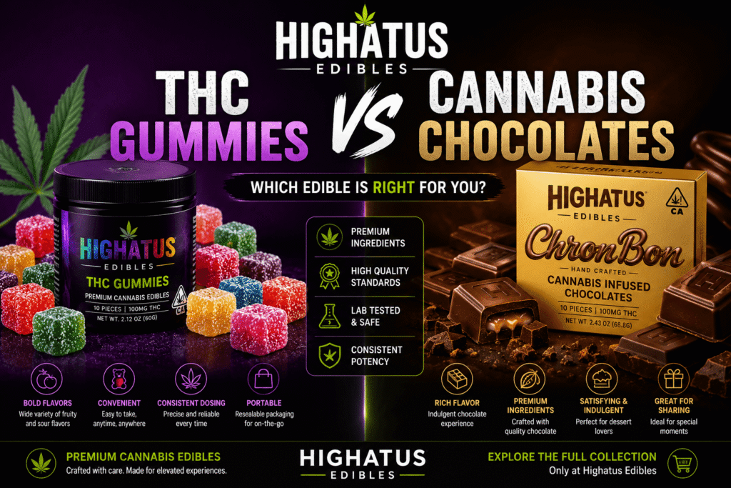 THC Gummies vs Cannabis Chocolates comparison featuring Highatus Edibles premium cannabis gummies and handcrafted chocolate edibles